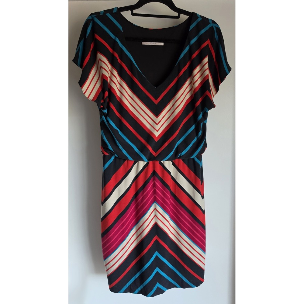 Trina Turk Striped Mini Dress Short Sleeve V-Neck Multicolor Gown